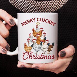 🎄 Funny 11 oz White Mug - Merry Cluckin' Christmas Chicken Tree Design 🎅